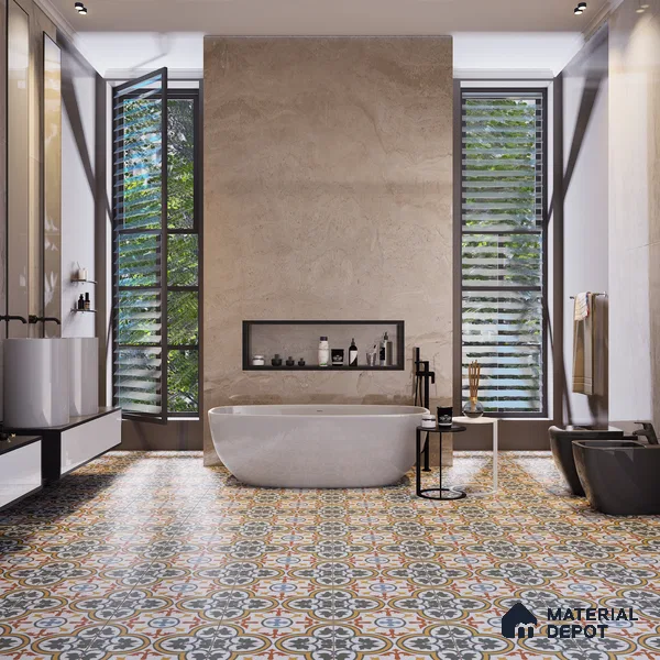 Moroccan Carpet Floor Tile TL 06616 B Florentine Blue Border | 1 ft x 1 ft Ceramic Matte Finish - 9 mm | Suitable for Living Room, Dining Area, Kitchen | Please Expect a Slight Variation of Pattern