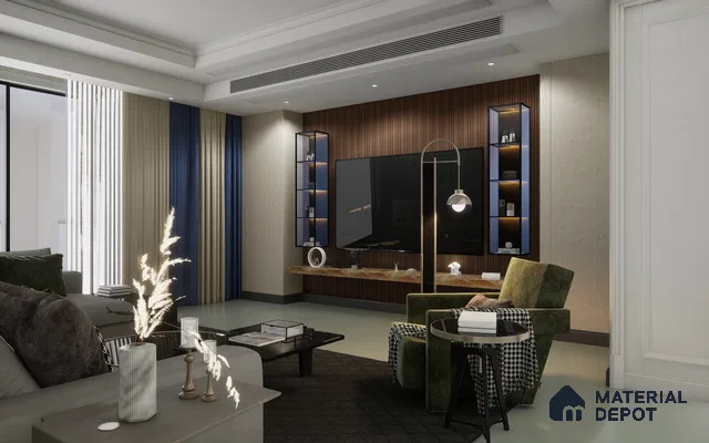 Elegant Marbelo Laminate TV Unit with Olive Tiles