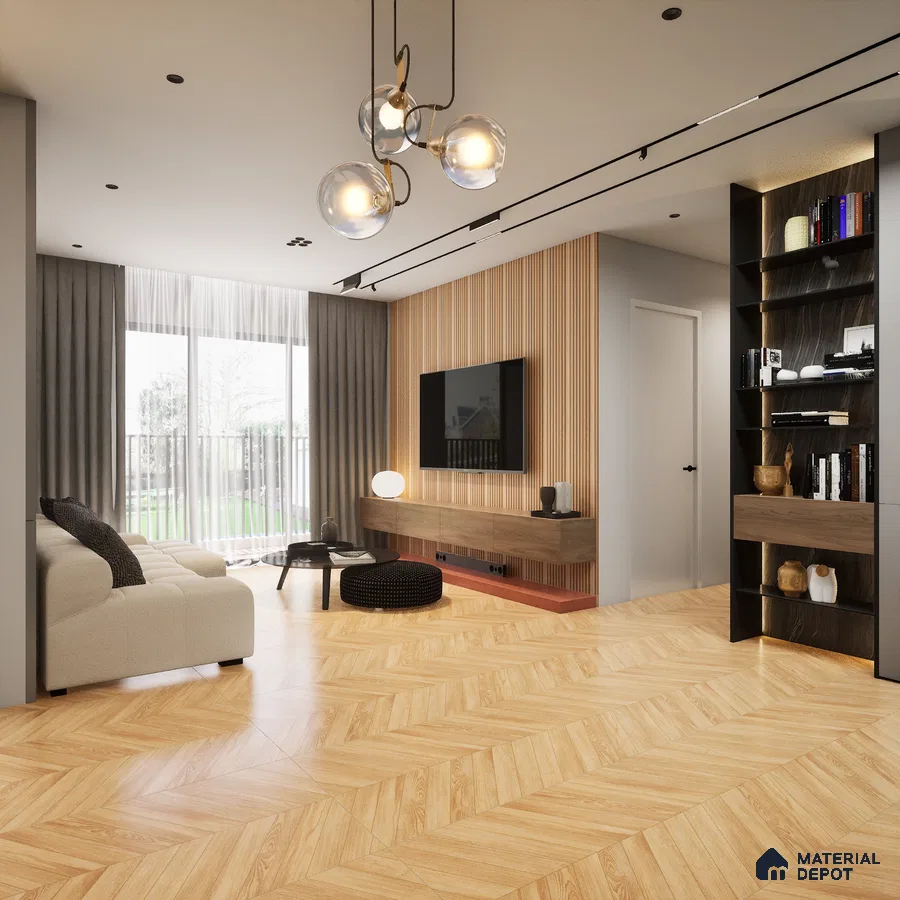 Murfi Pine 1200x600 mm Harringbone Surface GVT Tile - 9 mm | Material Depot