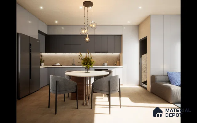 Open-plan kitchen with slate-grey cabinets