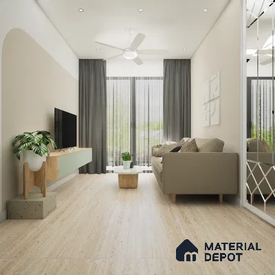 Travertino Beige 1200x600 mm Carving Surface GVT Tile - 9 mm | Material Depot