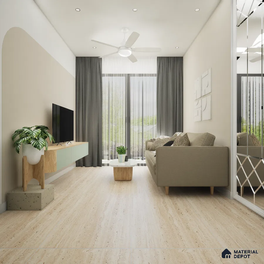 Travertino Beige 1200x600 mm Carving Surface GVT Tile - 9 mm | Material Depot