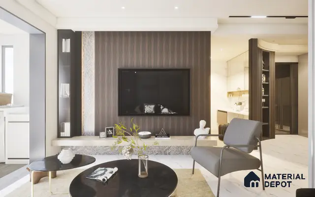 Modern classic living room with brown panels, white background, marble-look tiles, and cement-finish laminate TV unit