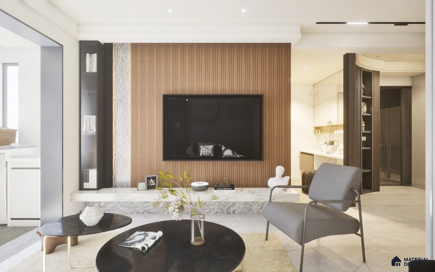 Elegant Living Room with Brown Panels Louver and White Laminate TV Unit