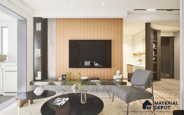 Elegant Modern Living with Brown Louver Panels