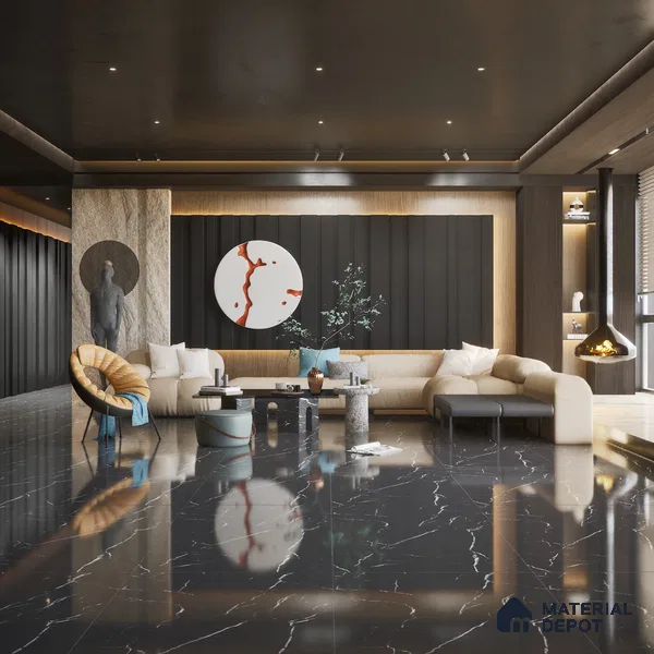 Marble Wall & Floor Tile TL 06774 Gravier Obsidian Vein 4 ft x 2 ft Vitrified High Gloss Finish - 9 mm |  | Suitable for Living Room, Bedroom, Bathroom
