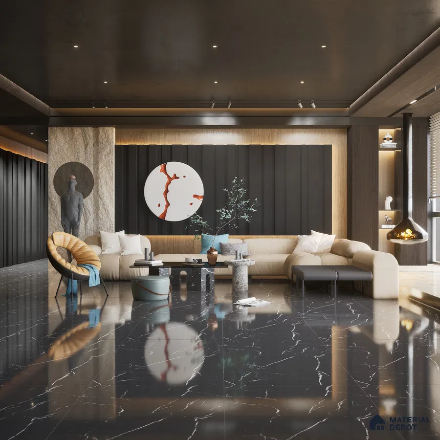 Nero Marquina 1200x600 mm High Gloss (Black Panther) Finish GVT Tile - 9 mm | Material Depot
