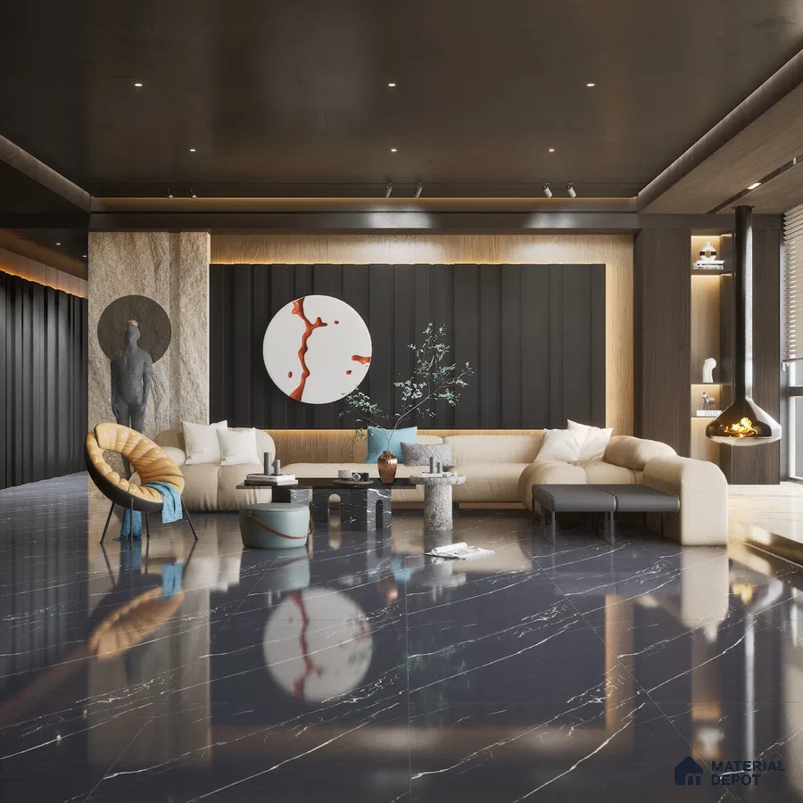 Black 1200x600 mm High Gloss Vitrified Marble Tile | MD-553100 | Material Depot