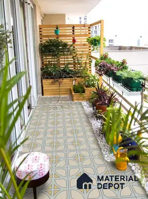 Eclectic balcony with geometric patterned floor tiles and natural wood planters