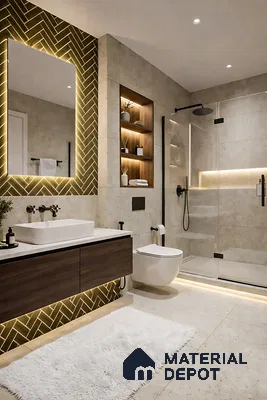 Modern bathroom with beige stone tiles, walnut wood vanity, and gold herringbone accent tile