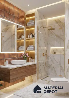 Modern bathroom with marble-look wall tiles, copper brown wall tiles, and walnut wood floating vanity