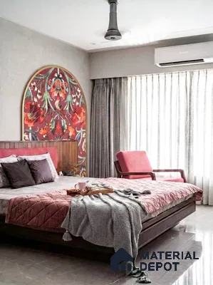 Eclectic bedroom with floral wallpaper headboard, velvet upholstery, and wooden bed frame