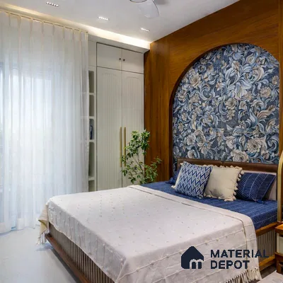 Modern bedroom with floral wallpaper accent, walnut wood laminate panel, and frosty white wardrobe