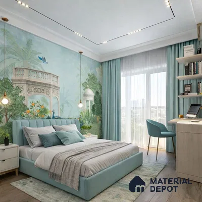 Modern bedroom with chinoiserie wallpaper, pastel blue upholstered bed, and wooden flooring