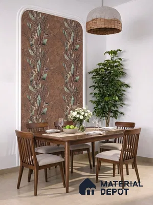Scandinavian dining room with floral wallpaper accent and walnut wood dining set