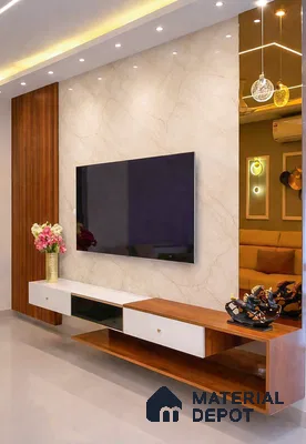 Modern TV unit with beige marble-look laminate, walnut wood laminate, and white matte laminate drawers