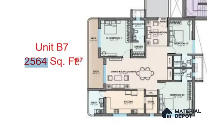 Modern 3BHK apartment floor plan with open living-dining, modular kitchen, and utility area