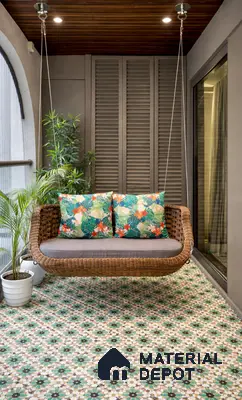 Mediterranean balcony with patterned moroccan floor tiles and rattan swing