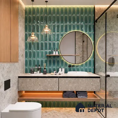 Modern bathroom with teal geometric highlighter wall tile and terrazzo vanity