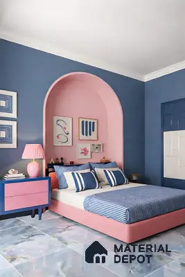 Modern bedroom with pastel pink and blue laminate, striped bedding, and blue marble floor tiles