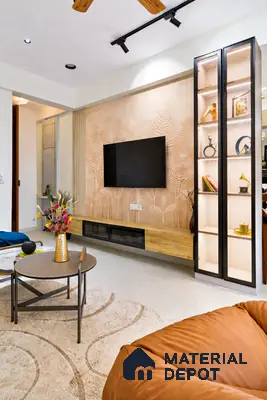 Modern living room with beige botanical wallpaper, light oak laminate TV unit, and glass display cabinet