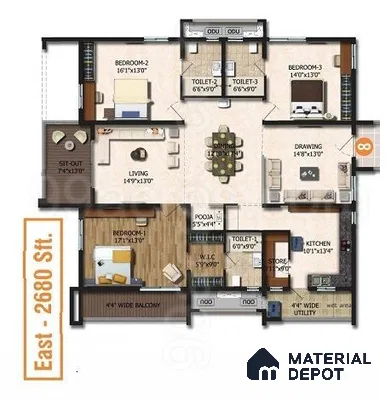 Modern 3BHK apartment floor plan with open living, dining, and kitchen layout