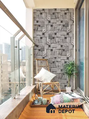 Modern balcony with grey geometric stone cladding accent wall and wooden flooring