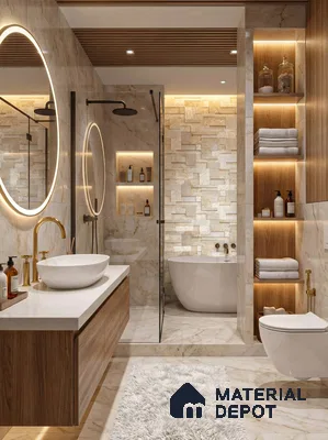 Modern bathroom with beige marble tiles, wood laminate vanity, and stone cladding accent wall