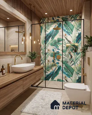 Modern bathroom with tropical highlighter wall tile, beige stone tile, and wood laminate vanity