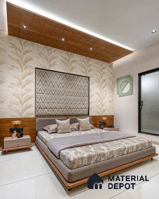 Modern bedroom with beige botanical wallpaper, wooden ceiling panels, and upholstered bed
