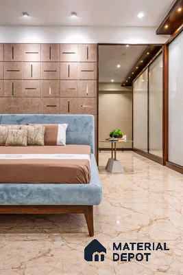 Modern bedroom with suede upholstered bed, decorative wood panel wall, and beige marble floor tiles