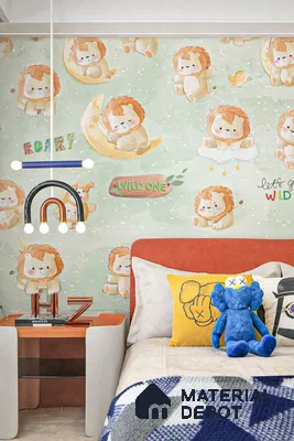 Eclectic kids room with playful lion-themed wallpaper and orange upholstered bed