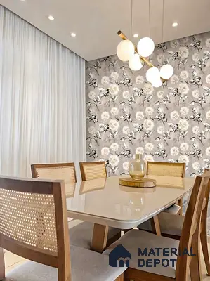 Modern dining room with floral wallpaper, cane back chairs, and glossy beige dining table