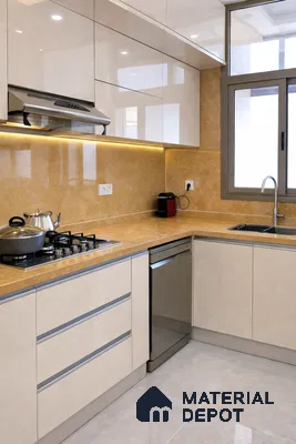 Modern kitchen with beige high gloss laminate cabinets and warm beige marble countertop