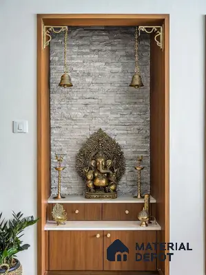 Modern pooja room with grey stone cladding wall and walnut wood laminate cabinet