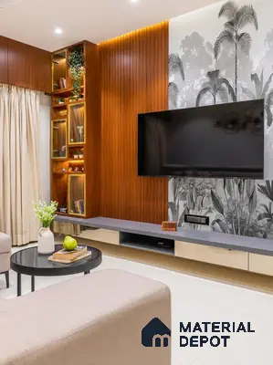 Modern living room with walnut wood fluted panels, tropical wallpaper, and floating TV unit