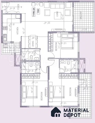 Modern 3BHK apartment floor plan with kitchen, living, dining, bedrooms, bathrooms, and balconies of 3 BHK apartment in Ramky One North Avalahalli Bengaluru