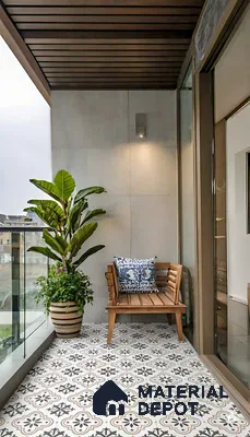 Modern balcony with patterned moroccan floor tiles and wooden ceiling louvers of 3 BHK apartment in Ramky One North Avalahalli Bengaluru