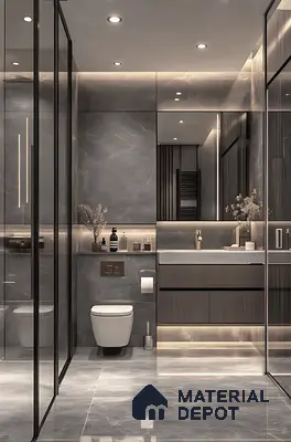 Modern bathroom with grey marble-look tiles and dark wood vanity of 3 BHK apartment in Ramky One North Avalahalli Bengaluru