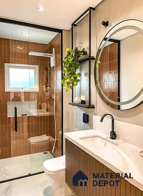 Modern bathroom with terracotta vertical subway wall tiles and fluted wood vanity of 3 BHK apartment in Ramky One North Avalahalli Bengaluru