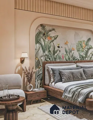 Japandi bedroom with tropical wallpaper, natural wood bed, and beige marble flooring of 3 BHK apartment in Ramky One North Avalahalli Bengaluru