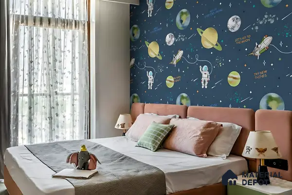 Modern kids room with space-themed wallpaper and blush upholstered bed of 3 BHK apartment in Ramky One North Avalahalli Bengaluru