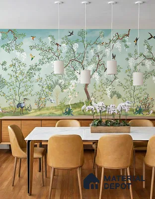 Eclectic dining room with chinoiserie wallpaper, white marble tabletop, and natural wood flooring of 3 BHK apartment in Ramky One North Avalahalli Bengaluru