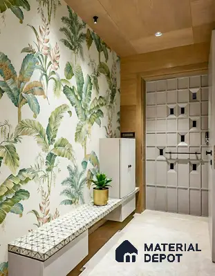 Modern foyer with tropical wallpaper, geometric patterned bench, and light wood ceiling panels of 3 BHK apartment in Ramky One North Avalahalli Bengaluru