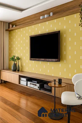 Scandinavian TV unit with light oak laminate, yellow patterned wallpaper, and natural wood flooring of 3 BHK apartment in Ramky One North Avalahalli Bengaluru