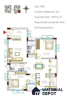 Modern 2BHK apartment floor plan with open living, dining, and dual balcony layout