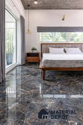 Modern bedroom with glossy dark marble floor tiles and wooden bed frame