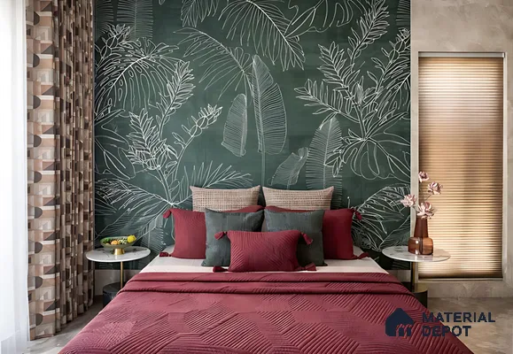 Modern bedroom with green tropical wallpaper accent wall and burgundy bedding