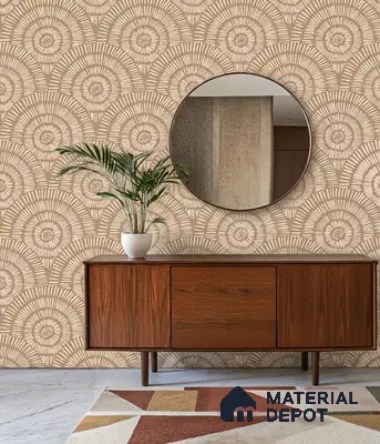 Mid-century modern foyer with geometric patterned wallpaper and walnut wood console