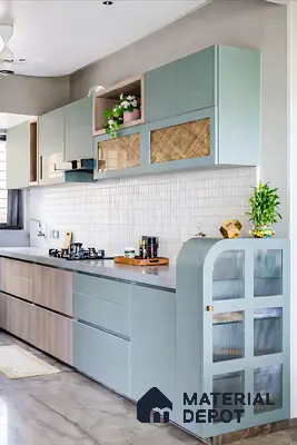 Scandinavian kitchen with pastel blue and light wood laminate, white grid backsplash tile, and grey quartz countertop